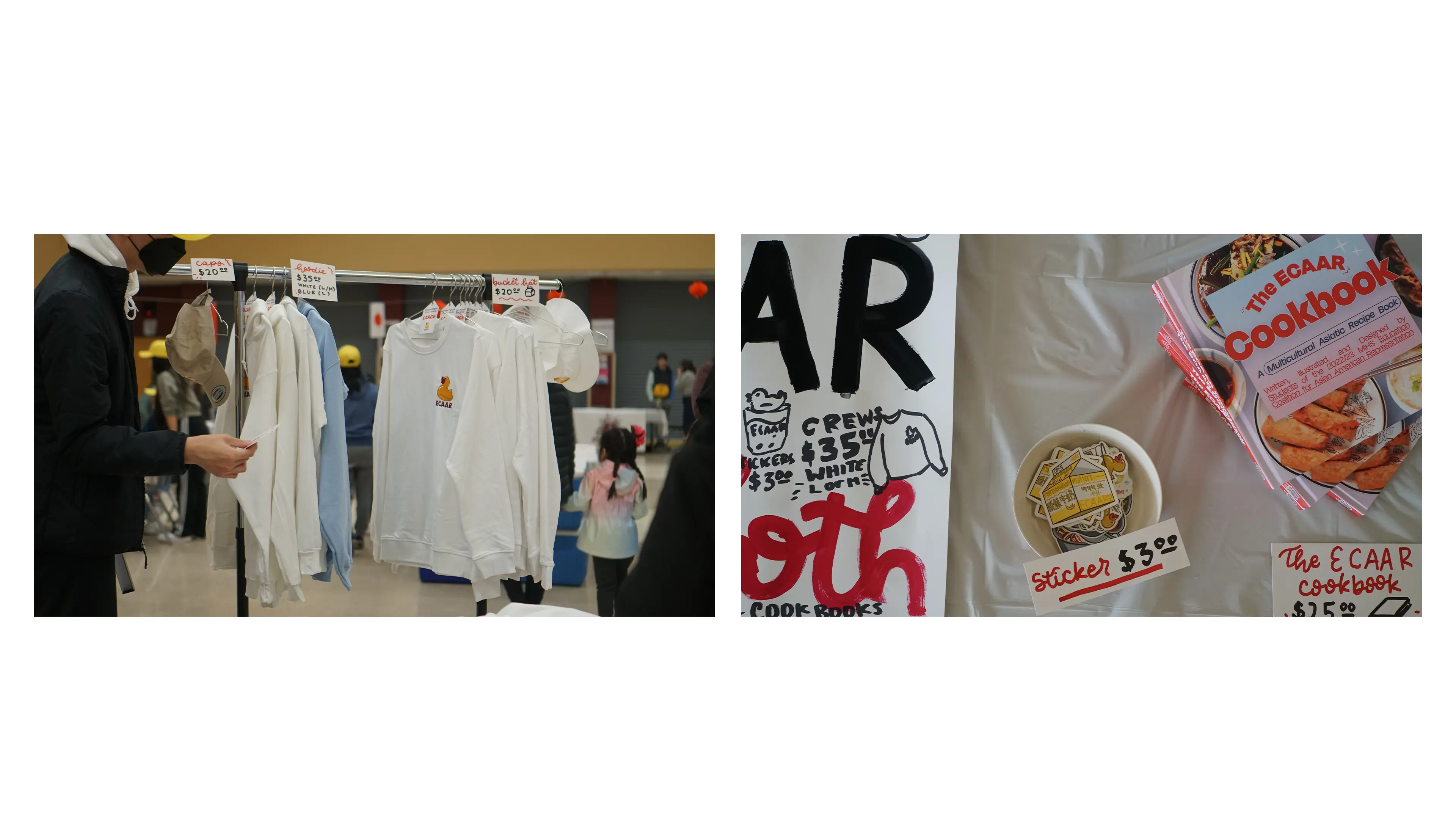 People looking at the coatstand with ECAAR hoodies and a closeup of ECAAR's table with stickers and cookbooks for sale.